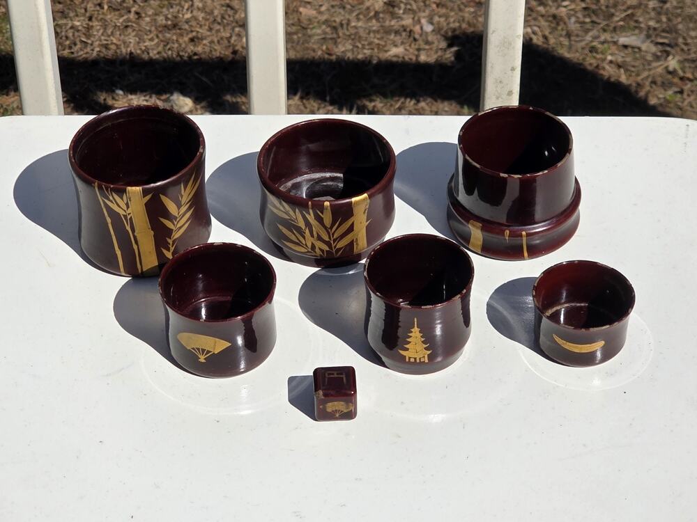 Japanese Maruni Lacquer Cups with Die Drinking Game Sake Vintage Used